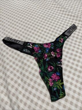 Victoria's Secret Black Floral Thong with Logo Waistband